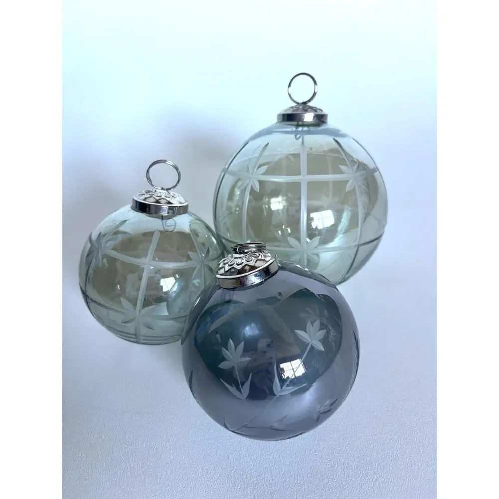 Vintage Pottery Barn Etched Glass Ball Ornaments Set Of 3 Mercury Glaze